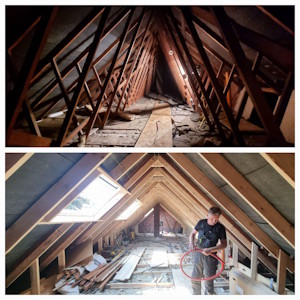 Aménagement d'un grenier à Mons - Avant après de la transformation de charpente préfabriquée type W
